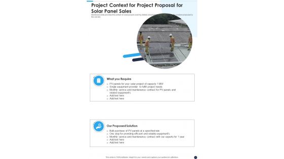 Project Context For Project Proposal For Solar Panel Sales One Pager Sample Example Document