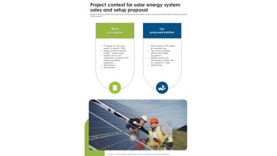 Project Context For Solar Energy System Sales And Setup Proposal One Pager Sample Example Document