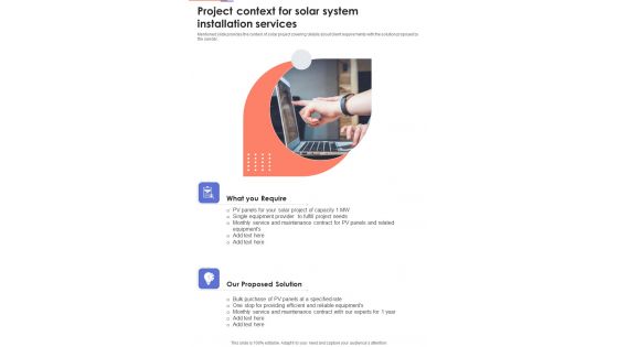 Project Context For Solar System Installation Services One Pager Sample Example Document