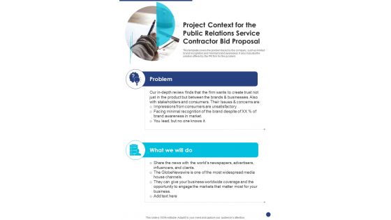 Project Context For The Public Relations Service Contractor Bid Proposal One Pager Sample Example Document