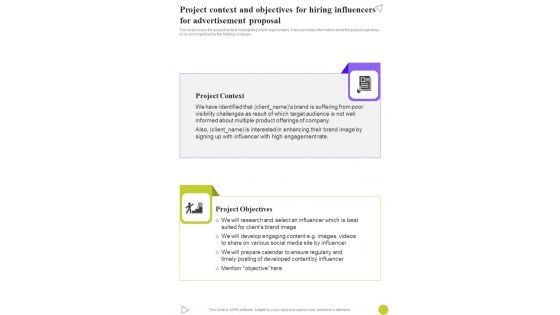 Project Context Objectives For Hiring Influencers Advertisement Proposal One Pager Sample Example Document Project Context Objectives For Hiring Influencers Advertisement Proposal One Pager Sample Example Document