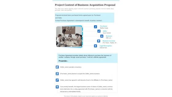 Project Context Of Business Acquisition Proposal One Pager Sample Example Document