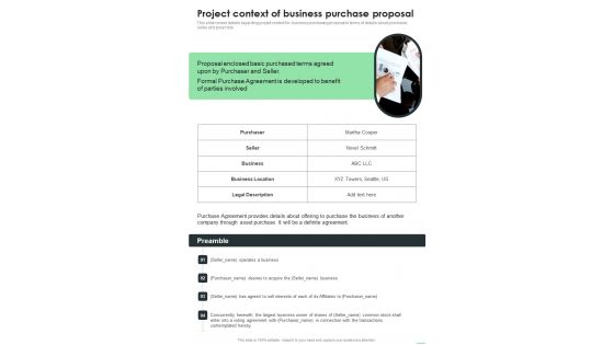 Project Context Of Business Purchase Proposal One Pager Sample Example Document