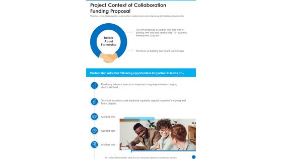 Project Context Of Collaboration Funding Proposal One Pager Sample Example Document Project Context Of Collaboration Funding Proposal One Pager Sample Example Document