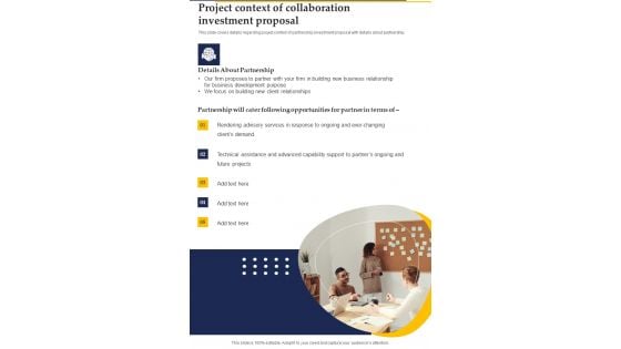 Project Context Of Collaboration Investment Proposal One Pager Sample Example Document