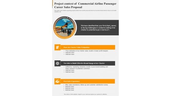 Project Context Of Commercial Airline Passenger Career Sales Proposal One Pager Sample Example Document