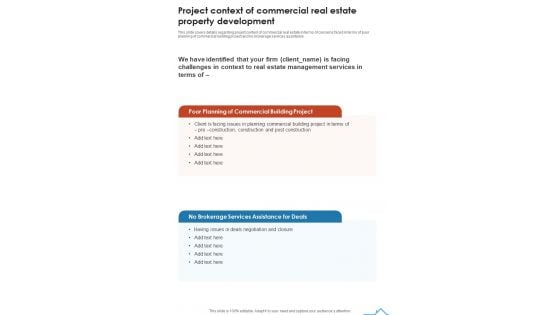 Project Context Of Commercial Real Estate Property Development One Pager Sample Example Document Project Context Of Commercial Real Estate Property Development One Pager Sample Example Document