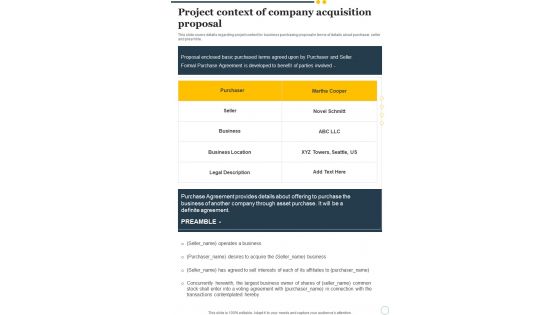 Project Context Of Company Acquisition Proposal One Pager Sample Example Document