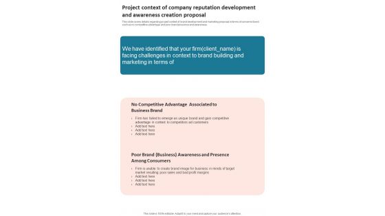 Project Context Of Company Reputation Development And Awareness Creation One Pager Sample Example Document Project Context Of Company Reputation Development And Awareness Creation One Pager Sample Example Document