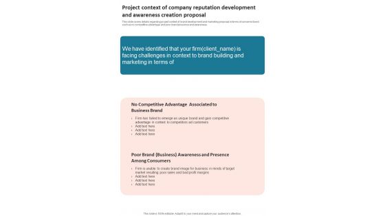 Project Context Of Company Reputation Development And Awareness Creation One Pager Sample Example Document