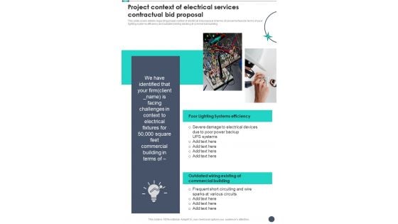 Project Context Of Electrical Services Contractual Bid Proposal One Pager Sample Example Document