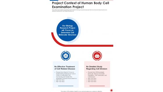 Project Context Of Human Body Cell Examination Project One Pager Sample Example Document