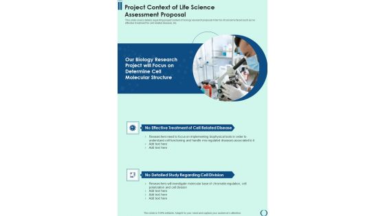 Project Context Of Life Science Assessment Proposal One Pager Sample Example Document