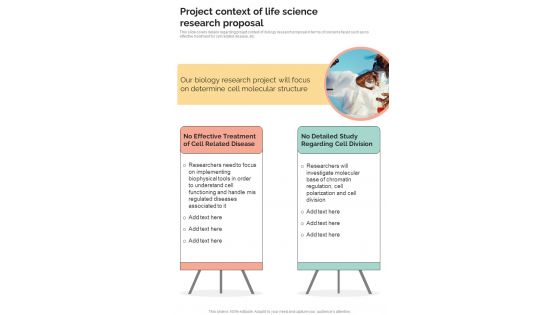 Project Context Of Life Science Research Proposal One Pager Sample Example Document