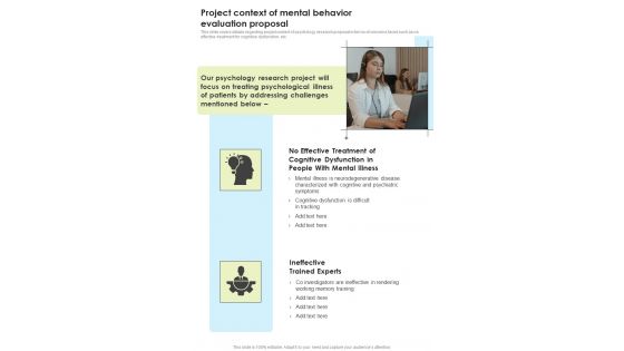 Project Context Of Mental Behavior Evaluation Proposal One Pager Sample Example Document