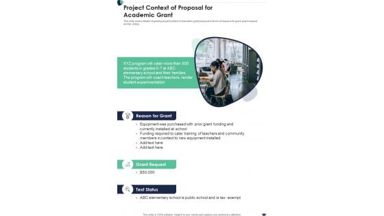 Project Context Of Proposal For Academic Grant One Pager Sample Example Document