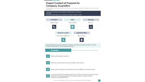 Project Context Of Proposal For Company Acquisition One Pager Sample Example Document