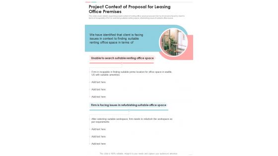 Project Context Of Proposal For Leasing Office Premises One Pager Sample Example Document