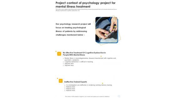 Project Context Of Psychology Project For Mental Illness Treatment One Pager Sample Example Document