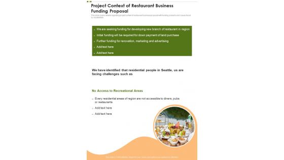 Project Context Of Restaurant Business Funding Proposal One Pager Sample Example Document