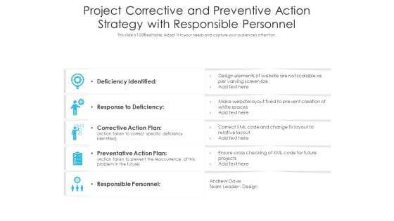 Project Corrective And Preventive Action Strategy With Responsible Personnel Ppt PowerPoint Presentation Gallery Guide PDF