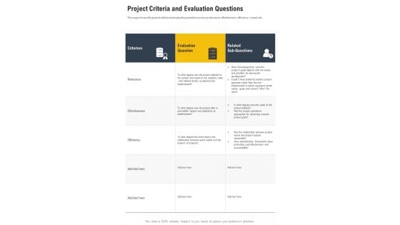 Project Criteria And Evaluation Questions One Pager Documents Project Criteria And Evaluation Questions One Pager Documents