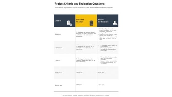 Project Criteria And Evaluation Questions One Pager Documents