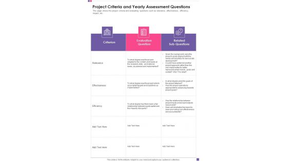Project Criteria And Yearly Assessment Questions One Pager Documents