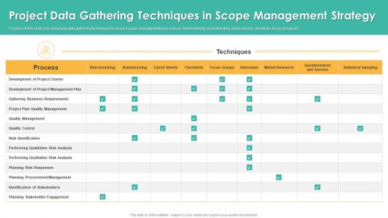 Project Data Gathering Techniques In Scope Management Strategy Information PDF