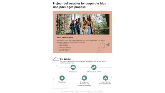 Project Deliverables For Corporate Trips And Packages Proposal One Pager Sample Example Document