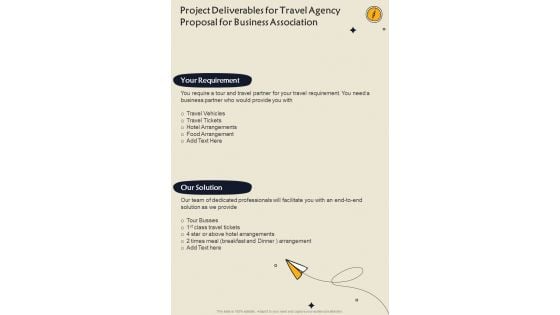 Project Deliverables For Travel Agency Proposal For Business Association One Pager Sample Example Document Project Deliverables For Travel Agency Proposal For Business Association One Pager Sample Example Document