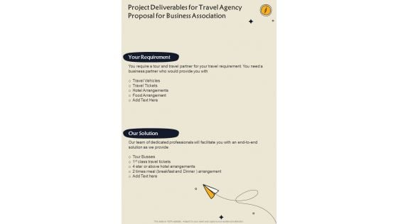 Project Deliverables For Travel Agency Proposal For Business Association One Pager Sample Example Document