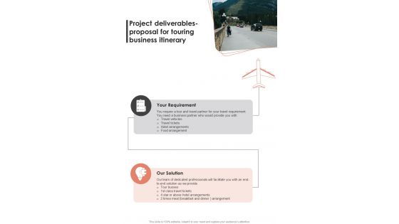 Project Deliverables Proposal For Touring Business Itinerary One Pager Sample Example Document Project Deliverables Proposal For Touring Business Itinerary One Pager Sample Example Document