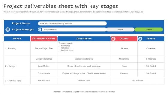 Project Deliverables Sheet With Key Stages Ppt Ideas Deck PDF