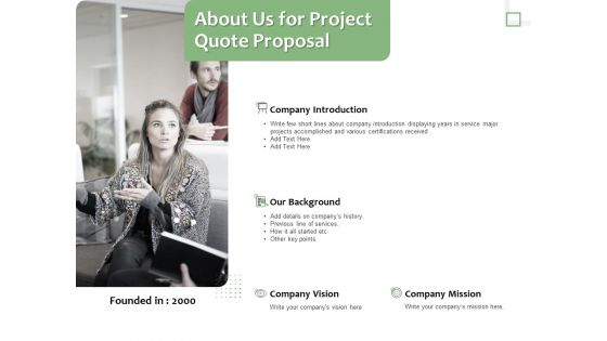 Project Estimate About Us For Project Quote Proposal Ppt Layouts Picture PDF