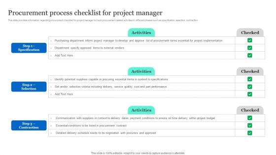 Project Excellence Playbook For Executives Procurement Process Checklist For Project Manager Infographics PDF