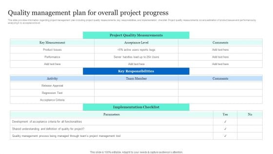 Project Excellence Playbook For Executives Quality Management Plan For Overall Project Progress Download PDF Project Excellence Playbook For Executives Quality Management Plan For Overall Project Progress Download PDF