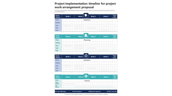 Project Implementation Timeline For Project Work Arrangement One Pager Sample Example Document