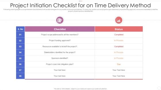 Project Initiation Checklist For On Time Delivery Method Elements PDF Project Initiation Checklist For On Time Delivery Method Elements PDF