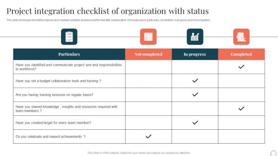 Project Integration Checklist Of Organization With Status Ppt PowerPoint Presentation File Layouts PDF