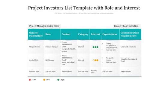 Project Investors List Template With Role And Interest Ppt PowerPoint Presentation Gallery Outfit PDF