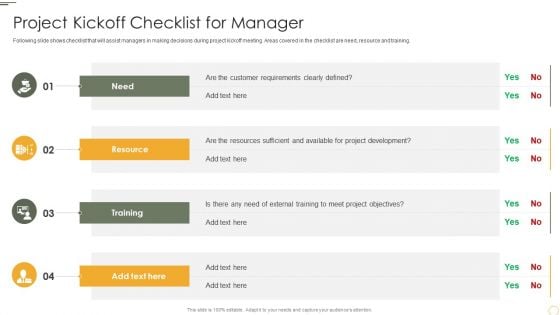 Project Kickoff Checklist For Manager Icons PDF