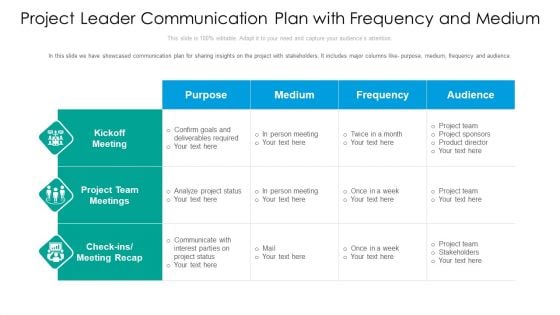 Project Leader Communication Plan With Frequency And Medium Ppt PowerPoint Presentation Gallery Mockup PDF