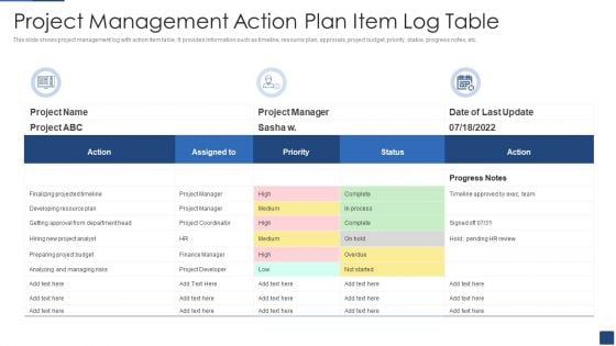 Project Management Action Plan Item Log Table Ppt PowerPoint Presentation Gallery Designs Download PDF