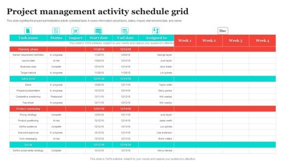 Project Management Activity Schedule Grid Icons PDF