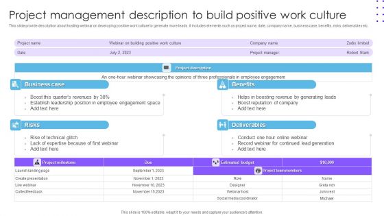 Project Management Description To Build Positive Work Culture Ppt Summary Styles PDF