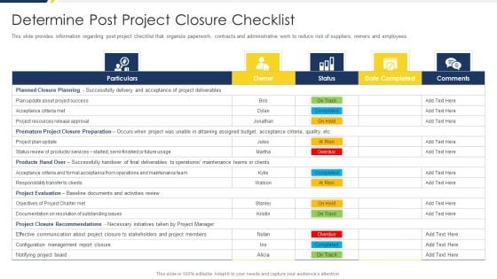 Project Management Development Determine Post Project Closure Checklist Information PDF