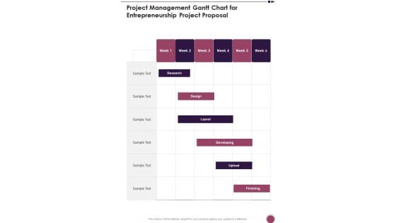 Project Management Gantt Chart For Entrepreneurship Project Proposal One Pager Sample Example Document