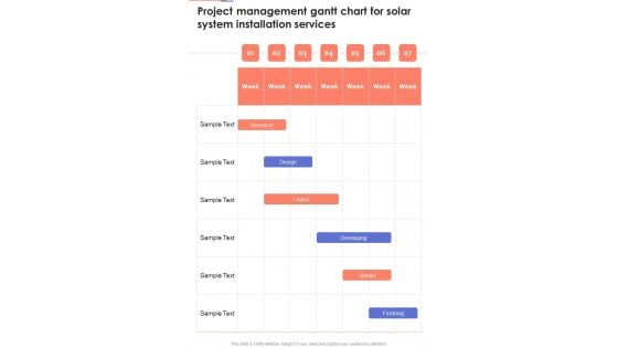 Project Management Gantt Chart For Solar System Installation Services One Pager Sample Example Document