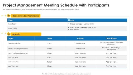 Project Management Meeting Schedule With Participants Ppt Ideas Pictures PDF
